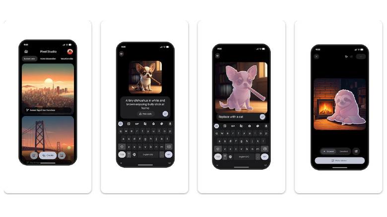 A row of phone screens displaying examples of Pixel Studio in action from the Google Play Store page.