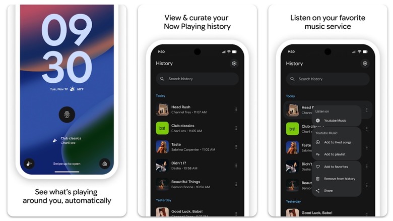 Screenshots from Google's new Now Playing app for Pixel phones.