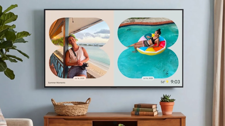 A google TV attached to a light-blue wall, the TV is showing a slideshow of an individual on vacation, with one image being them standing and smiling whereas the other is them floating on a raft in a pool