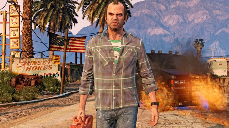 Trevor walking away from a fire in GTA V
