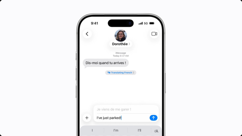 An iPhone using Apple Intelligence's Live Translation to translate text messages from French to English