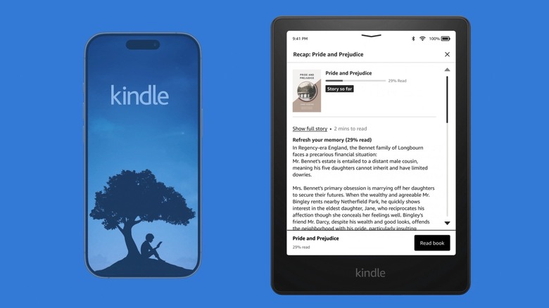 The Story So Far feature seen on a Kindle reader placed next to an iPhone with the Kindle app loaded.