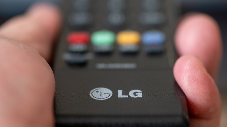A user holding the end of an LG remote in their left hand, the photo emphasizes the LG logo that appears at the bottom of the remote