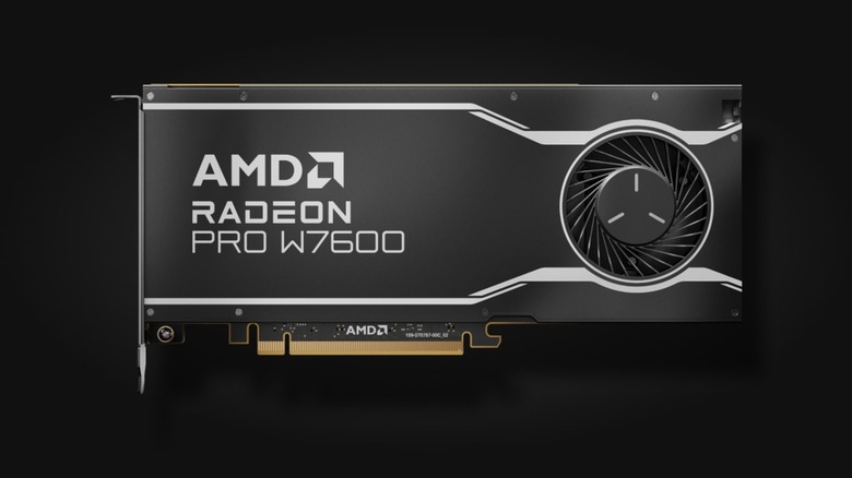 AMD Radeon Pro W7600 GPU in front of a black background