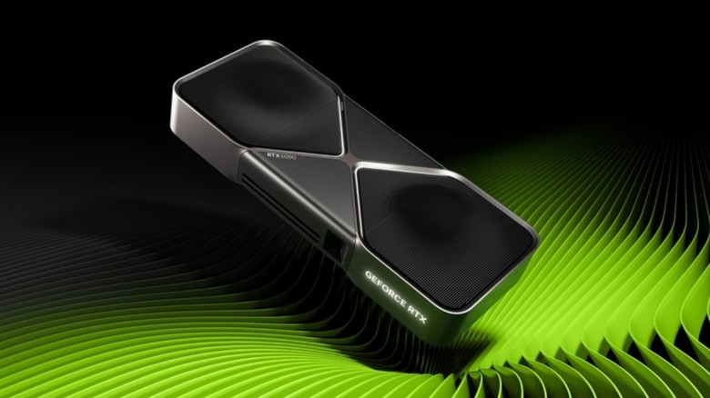 Nvidia RTX 5090 Founders Edition GPU in front of a green and black background
