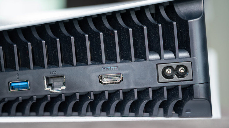 The back of a Sony PS5 showing the HDMI port