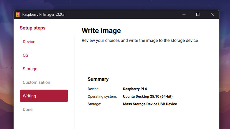 Raspberry Pi Imager is pictured, installing Ubuntu on a microSD card.