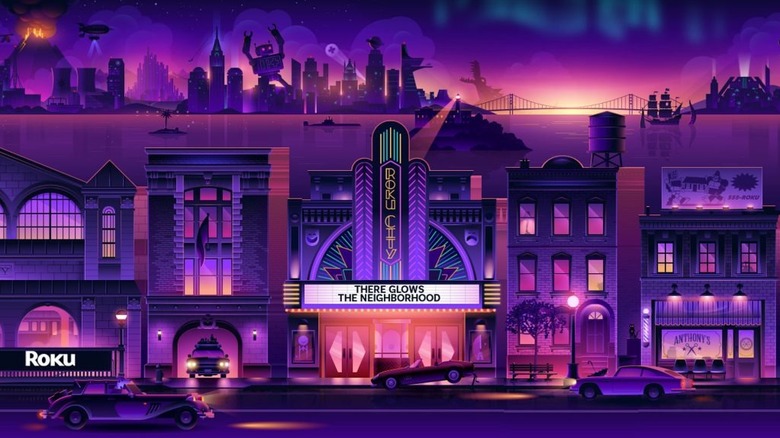 Roku City screensaver with the theater in full view, and other Easter eggs visible.