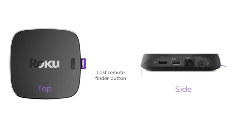 A graphic showing where the lost remote finder button is on two different Roku streaming devices.