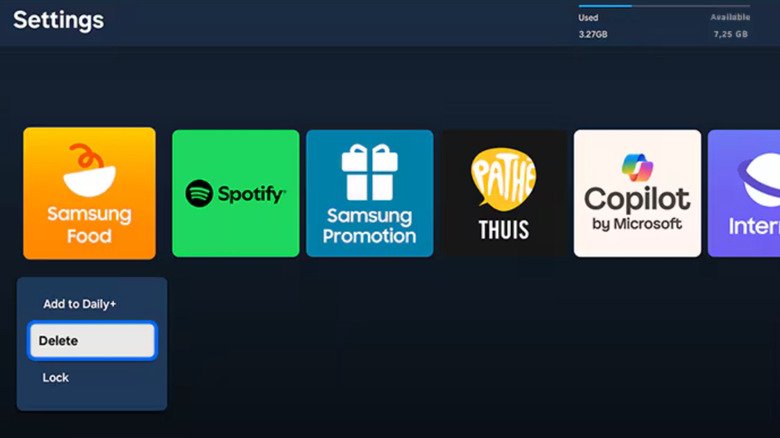 The Delete option highlighted for an unspecified app on a Samsung TV.
