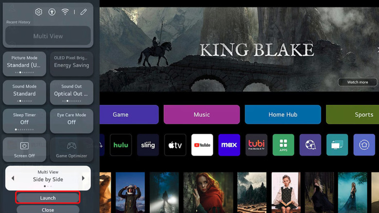 The Quick Menu of an LG TV with the Multi View option highlighted and Launch option encased in a red square.