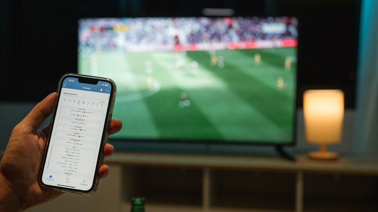 Person looking at phone with TV on in the background