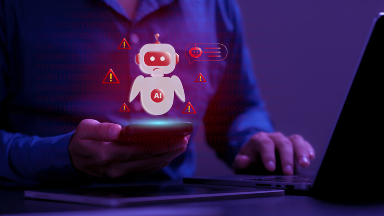 a robot labeled with 'AI' showing warning signs above a smartphone when a person is holding it