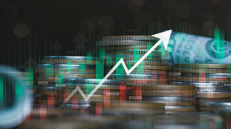concept for prices rising, inflation, change and money with white arrow going up from corner to corner