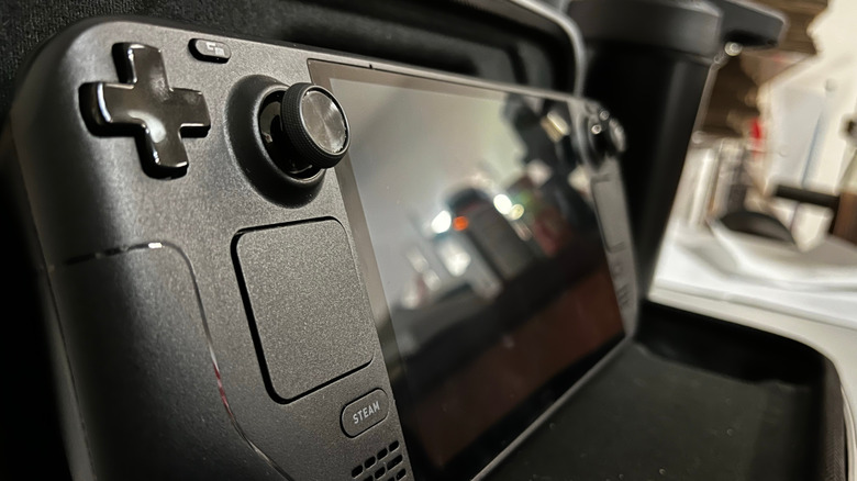 Diagonal view of a Steam Deck in a carrying case