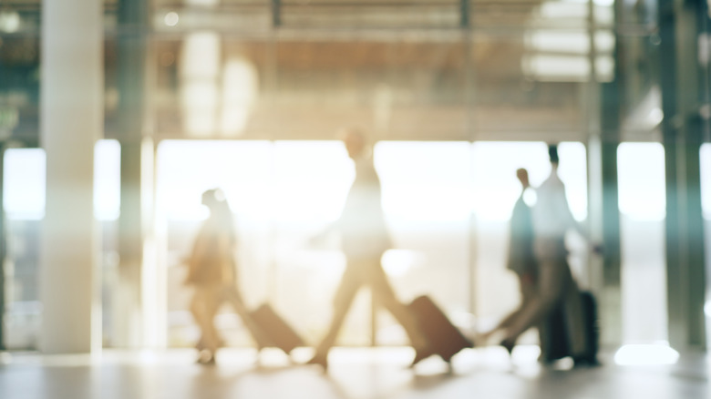 People pulling and pushing luggage through an airport.