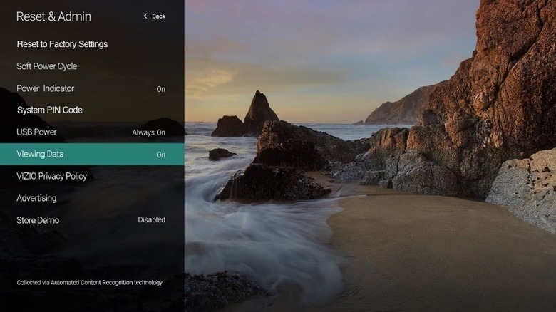 Screenshot of Vizio TV setting to turn off Viewing Data