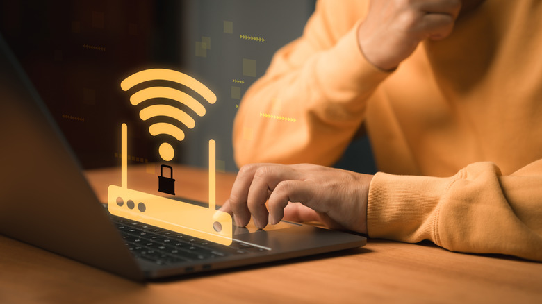 Someone turns on their internet Wi-Fi with a graphic of their router and a lock signifying the security of their Wi-Fi router.