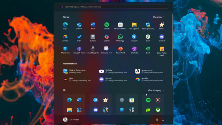 the new Windows 11 start menu