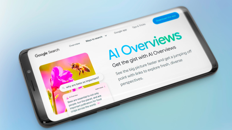 Google Search AI Overviews blog on a smartphone display.