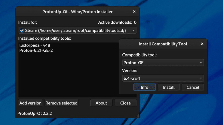 Screenshot of ProtonUp-QT showing installed compatibility tools