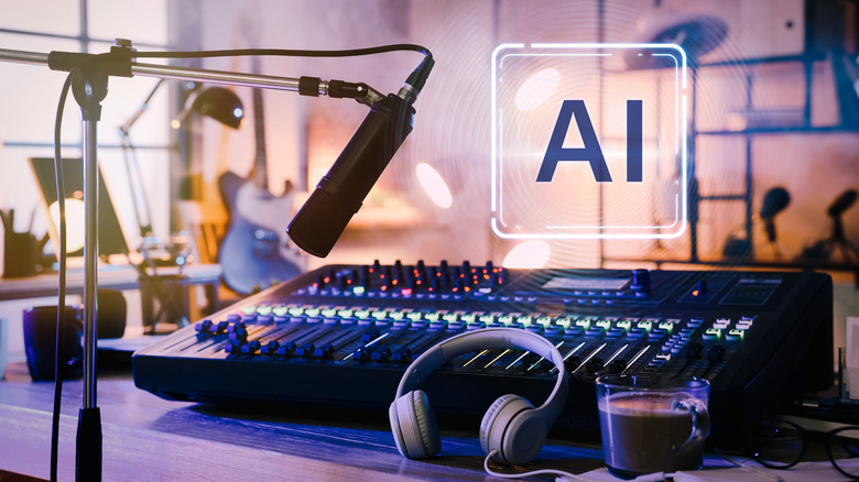 A music recording setup with a floating "AI" label