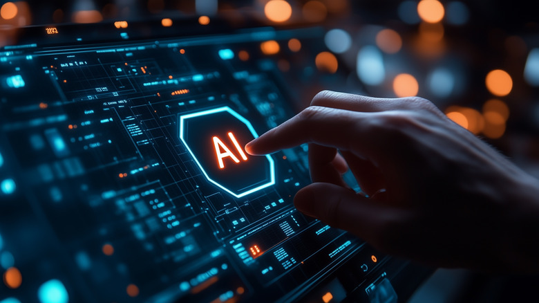 abstract for AI, hand reaching out to touch button that says AI on a computer screen