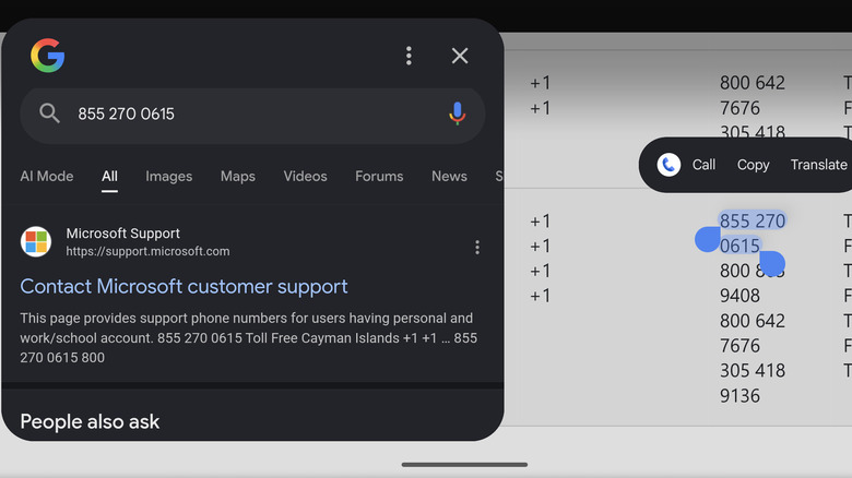 Selecting the number for Microsoft's customer support in the US via Circle to Search