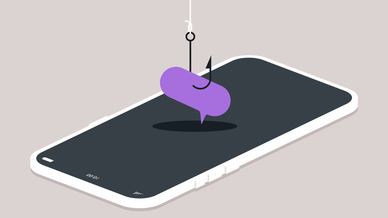 Message bubble caught on a fishhook above a smartphone