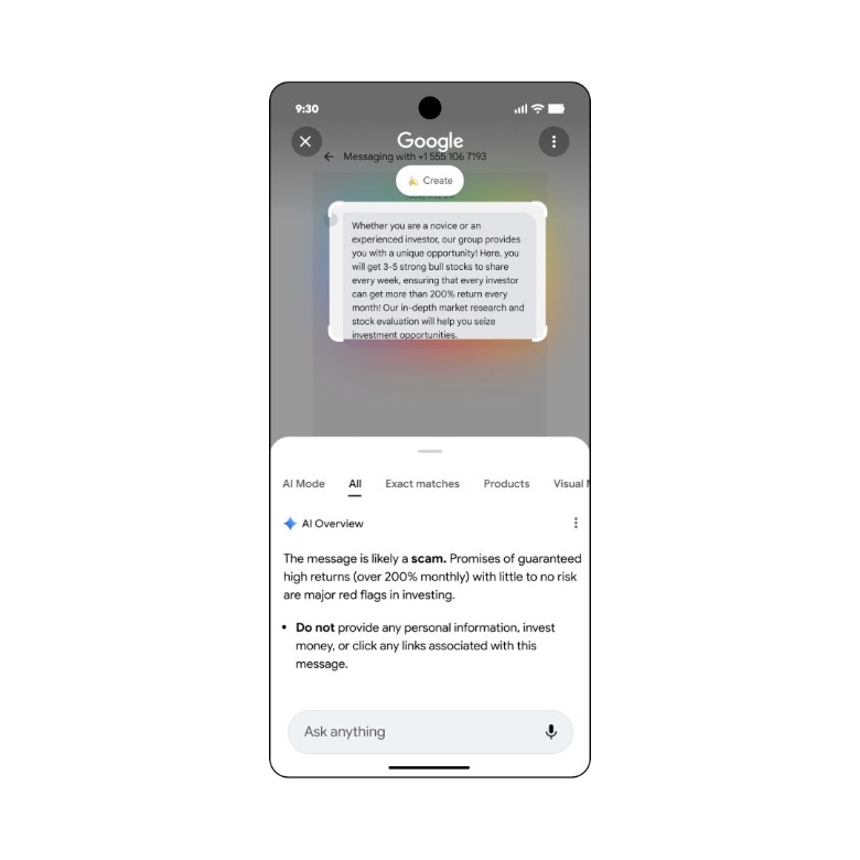Circle to Search can offer information about scam messages.