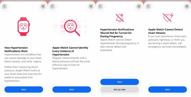 The information screens in the hypertension notifications setup process on iPhone.