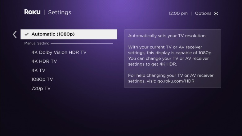 A screenshot showing Display type options in Roku settings