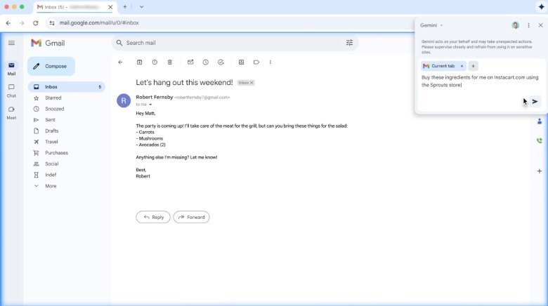 Gemini in Chrome acting as a shopping agent.