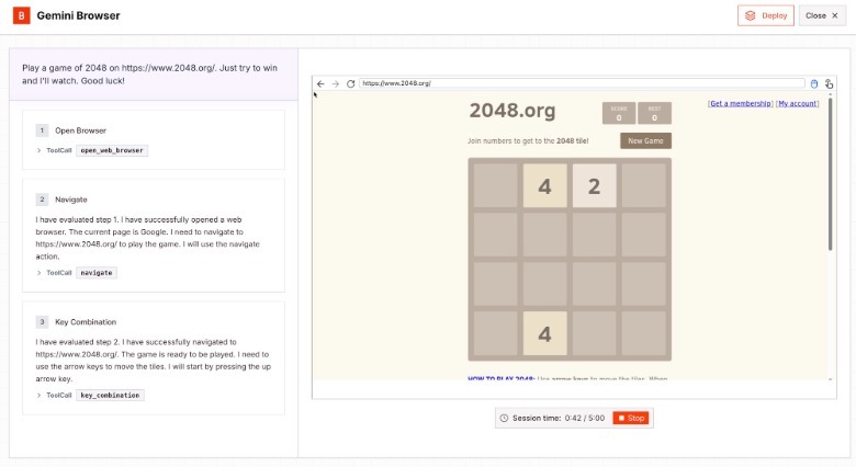 Gemini 2.5 Computer Use playing a 2048 game in Browserbase.