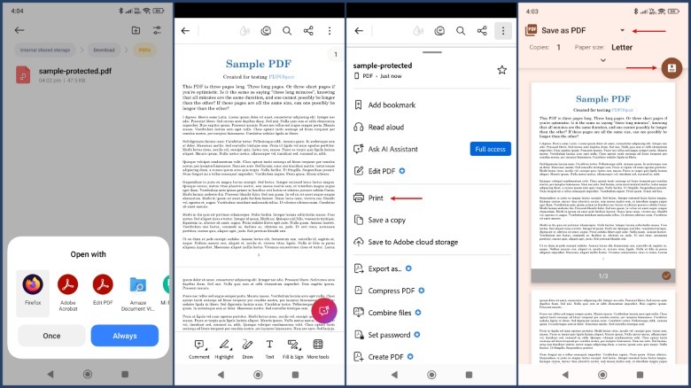 A series of screenshots showing process to remove PDF password on Android