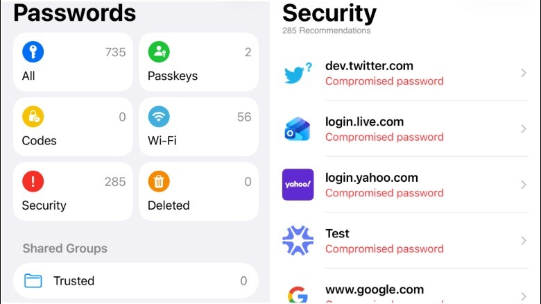 A pair of screenshots showing the Apple Passwords app and the Security page with Security Recommendations.