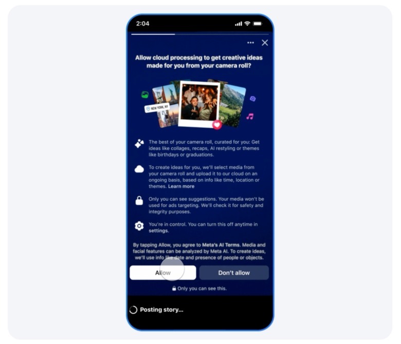 The AI photo access prompt Facebook users in U.S. and Canada will see.