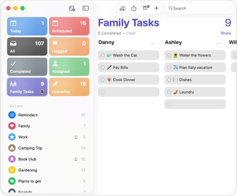 Reminders app on Mac: Sharing lists and column view.