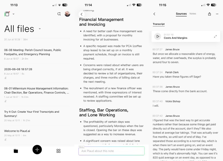 Screenshots from the Plaud Note Pro app