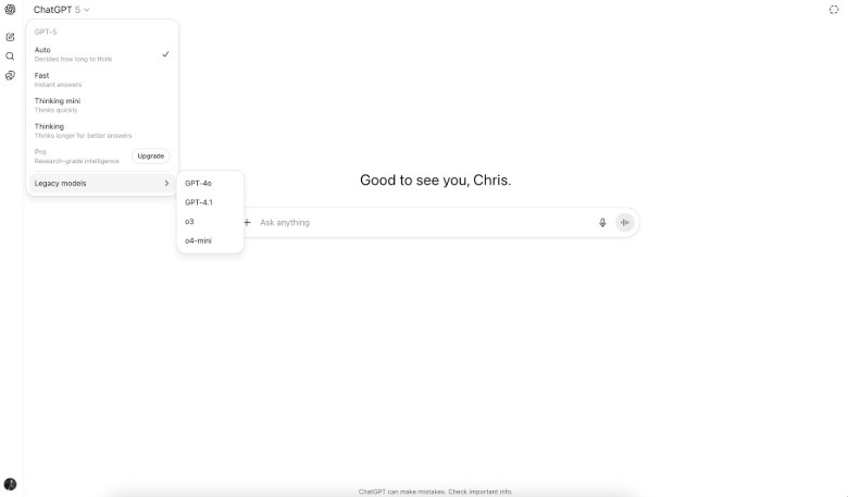 The Legacy models menu in the ChatGPT 5 experience on the web.