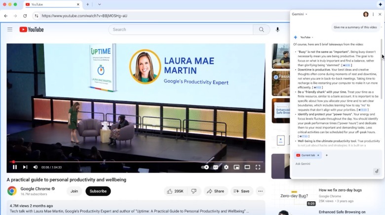 Gemini in Chrome can summarize YouTube videos.