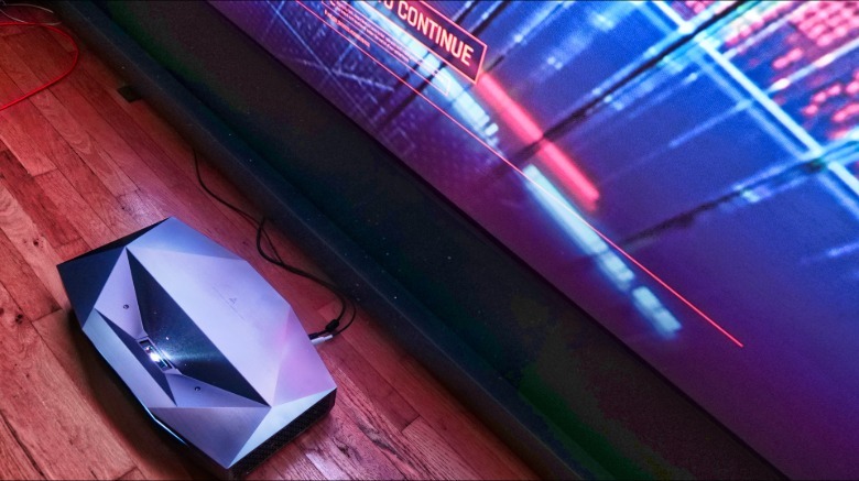 Overhead shot of the AWOLVision Aetherion Max to demonstrate how close it is to the projector screen