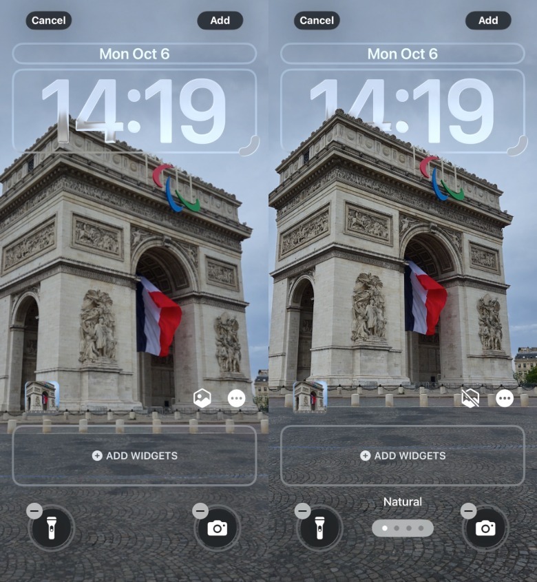 Spatial Scene wallpaper (left) vs. regular wallpaper (right) in iOS 26 on iPhone.