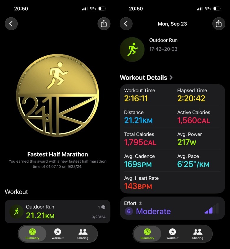 iPhone Fitness app Awards: Fastest half marathon data