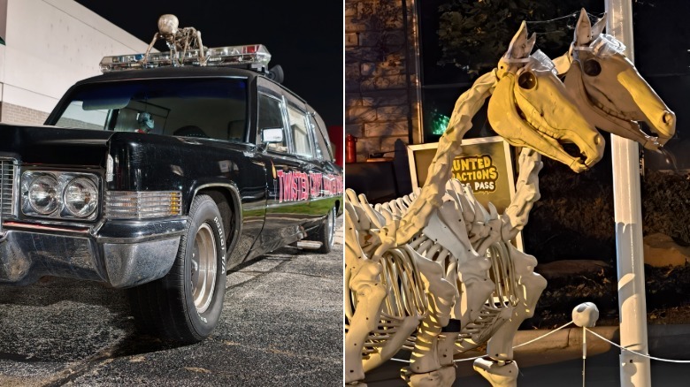 Car and skeletal horses at night