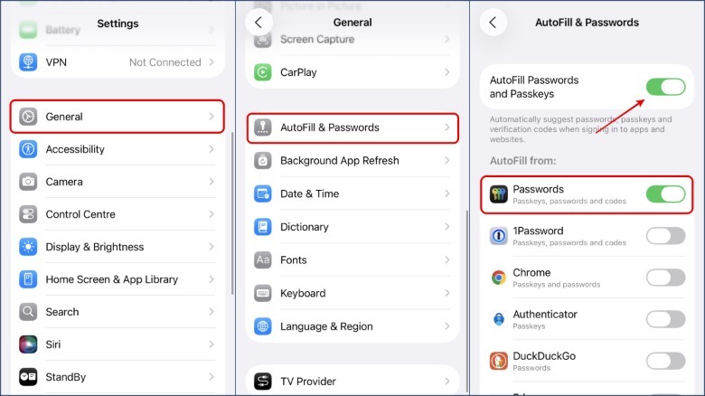 A collage of screenshots showing the process to enable AutoFill option on an iPhone