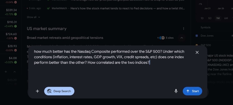 Gemini can perform Deep Search reports in Google Finance.