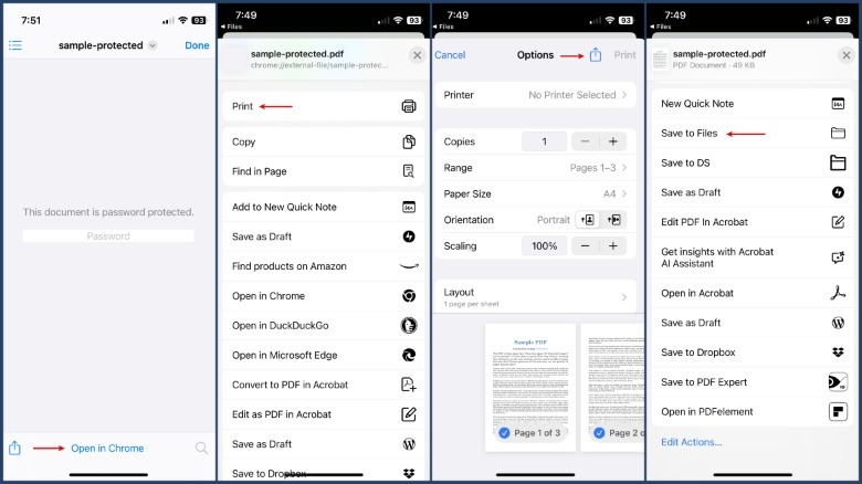 A series of screenshots showing how to remove a PDF password on iPhone
