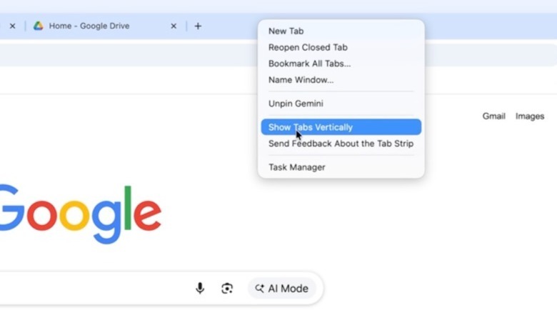 Google Chrome screenshot showing menu with vertical tabs option