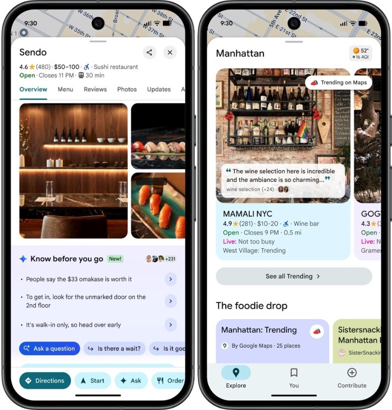 New Gemini-powered Google Maps features: Tips and Explore tab.